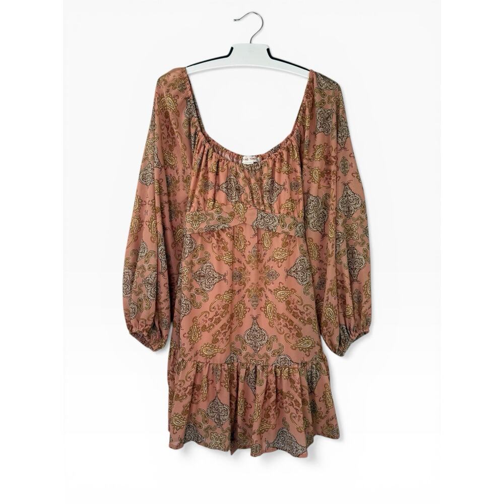Flying Tomato Peachy Paisley Puff Sleeve Milkmaid Babydoll Dress Tie Back Sz L‎